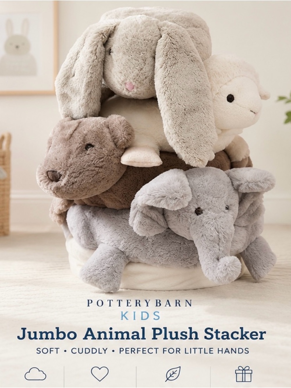 Pottery Barn Kids Jumbo Animal Plush Stacker | Neutral Nursery Toy